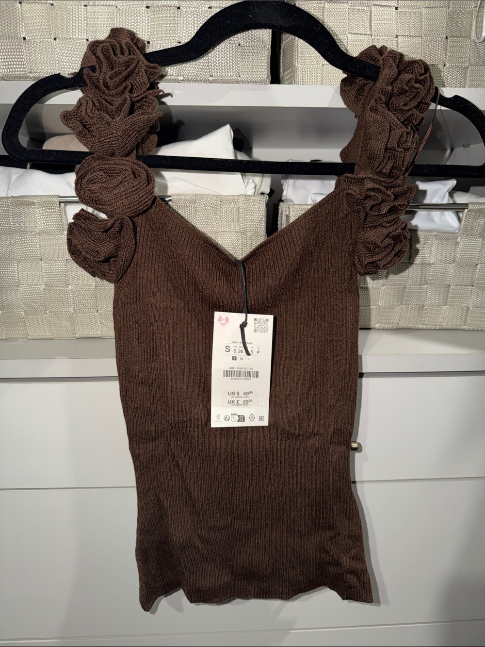 Zara Brown Ruffled-Strap Ribbed Tank Top